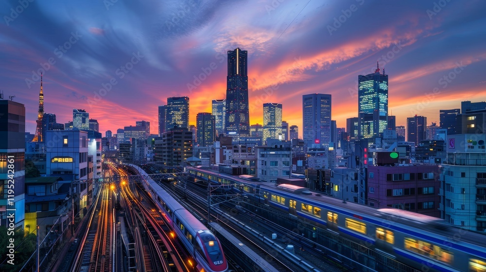 Fototapeta premium A vibrant cityscape at sunset featuring skyscrapers and a train on tracks.