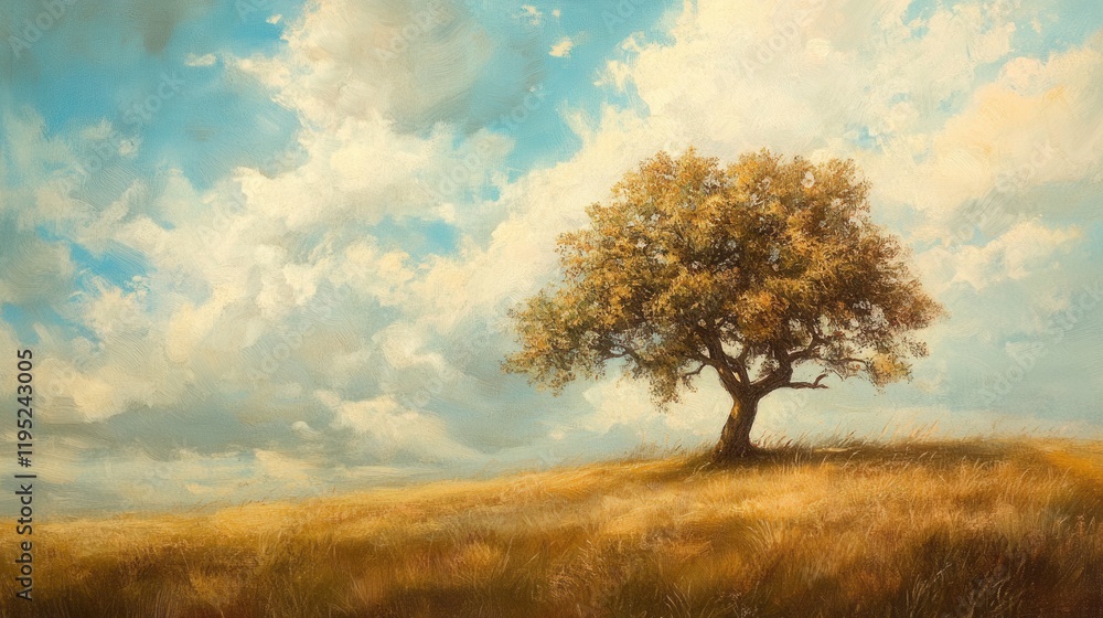 Fototapeta premium Lonely oak in field. Generative AI