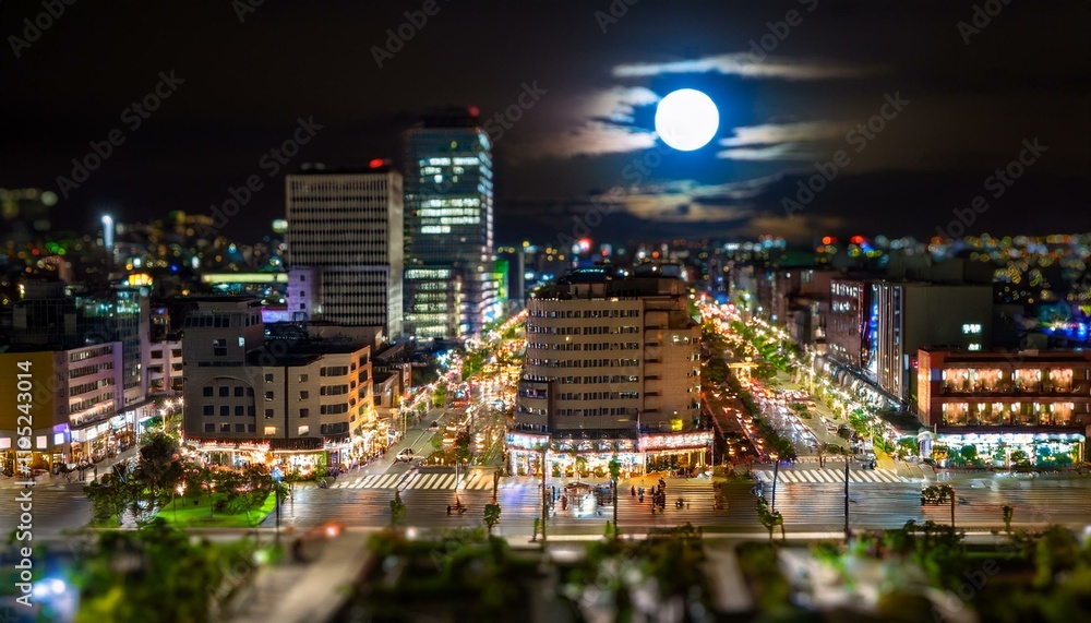 Night view of a miniature town, under a dark sky, the town buildings shine with lights Night view of a miniature town, under a dark sky, the town buildings shine with lights