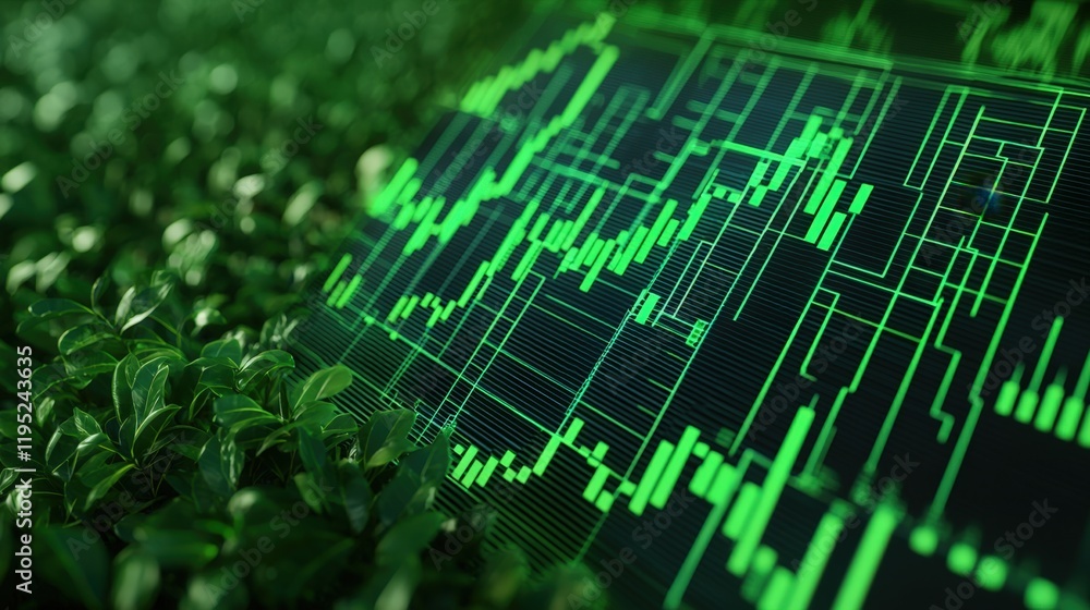 Eco-Friendly Investments Profit Growth Financial Graph. Green financial data overlay on lush foliage background.