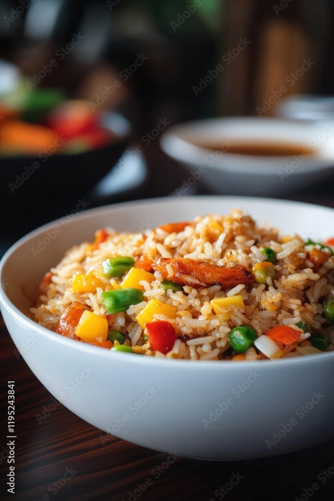 Delicious Malaysian Style Fried Rice Nasi Goreng Served in a Bowl with Colorful Vegetables and Rich Flavors Capturing the Essence of Asian Cuisine Delicious Malaysian Style Fried Rice Nasi Goreng Served in a Bowl with Colorful Vegetables and Rich Flavors Capturing the Essence of Asian Cuisine