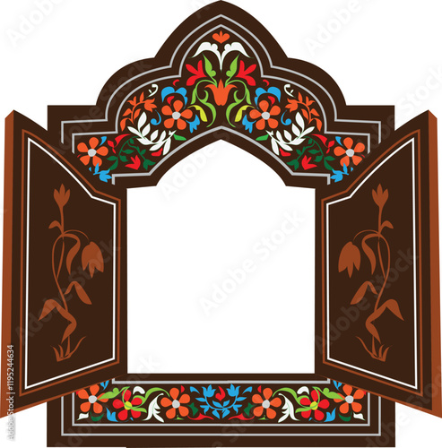 mughal art window in brown color or indian arch jharokha clipart with simple floral design