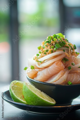 Fresh and Flavorful Nga Pi Thoke Salad with Fish Paste and Onions Garnished with Green Onions and Lime, Perfect for Culinary Enthusiasts and Food Photography photo