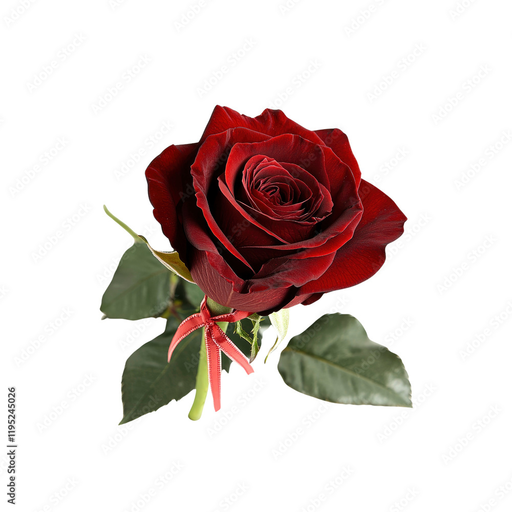 Fototapeta premium Single Dark Red Rose with Red Ribbon Bow on Transparent Background