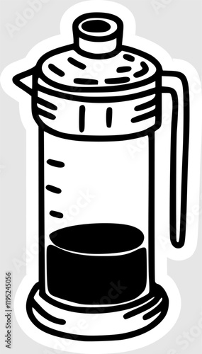 hand drawn illustration of french press coffee maker in black and white style