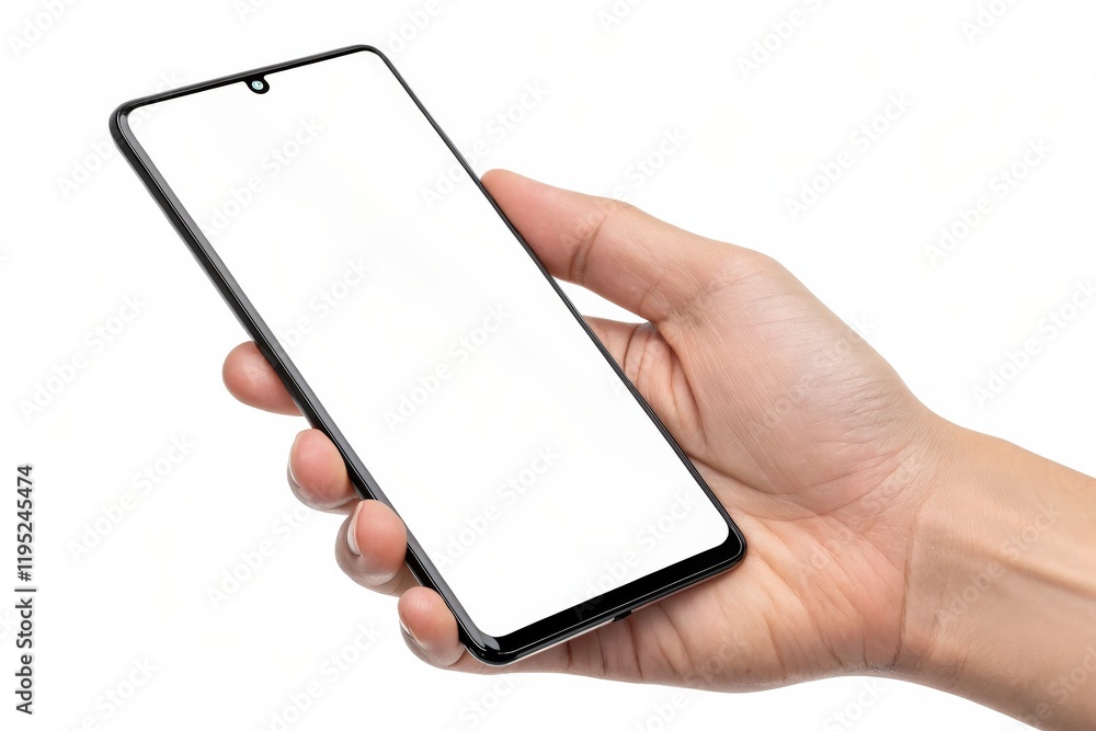 Person Holding a Modern Smartphone with a Blank Screen Isolated on White Background for Mobile Application Mockup or Digital Content Creation Purpose Person Holding a Modern Smartphone with a Blank Screen Isolated on White Background for Mobile Application Mockup or Digital Content Creation Purpose