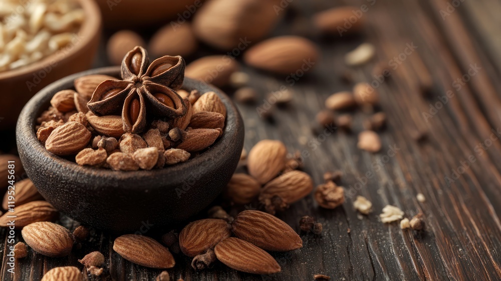 Close-up of Almonds, Star Anise, and Spices in a Dark Bowl on a Wooden Surface Close-up of Almonds, Star Anise, and Spices in a Dark Bowl on a Wooden Surface