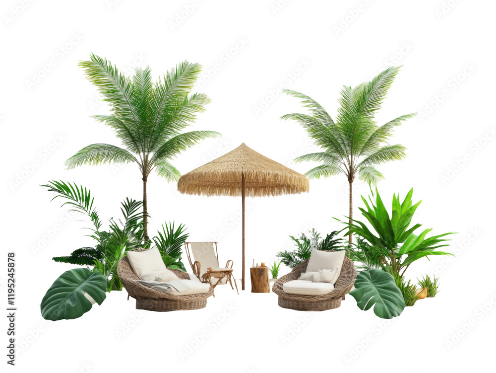 Fototapeta premium 3D Beach Decoration with Palm Trees and Lounge Chairs on White Background