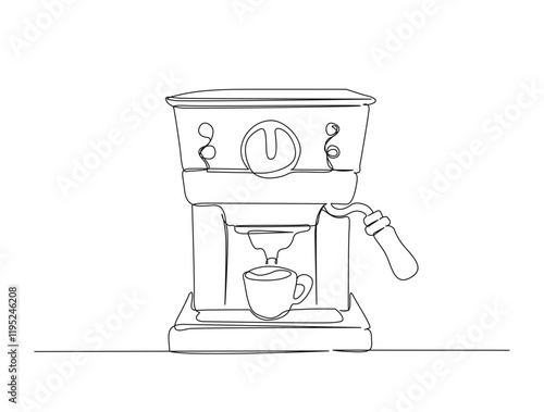 Continuous one line drawing of coffee maker machine - barista equipment. Coffee machine in single line draw illustration. Editable stroke.