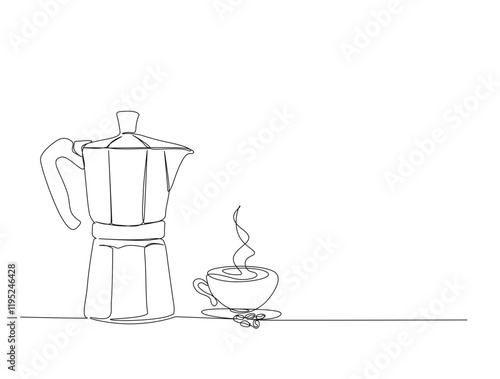 Continuous one line drawing of moka pot and cup of coffee. Coffee break concept in single line draw illustration. Editable stroke.