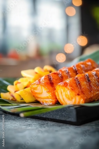 Grilled Otak-Otak: Savory Fish Paste Wrapped in Banana Leaves and Served with Fresh Mango Slices on a Plate photo