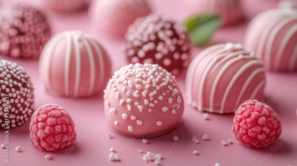 Delicate and Delicious Pink Chocolates with Raspberries on a Soft Pink Surface, Perfect for Celebrations, Treats, and Desserts Photography Delicate and Delicious Pink Chocolates with Raspberries on a Soft Pink Surface, Perfect for Celebrations, Treats, and Desserts Photography