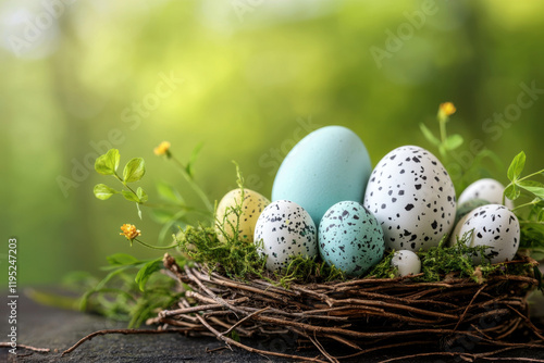 Colorful Easter eggs in nest surrounded by greenery and flowers