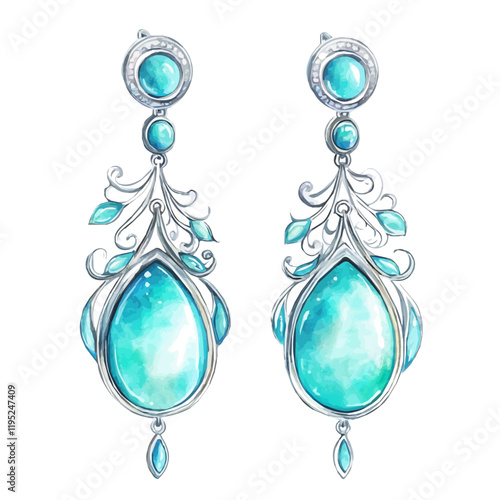 A watercolor of elegant silver earrings with turquoise, isolated on a white background. Elegant silver earrings with turquoise vector.
