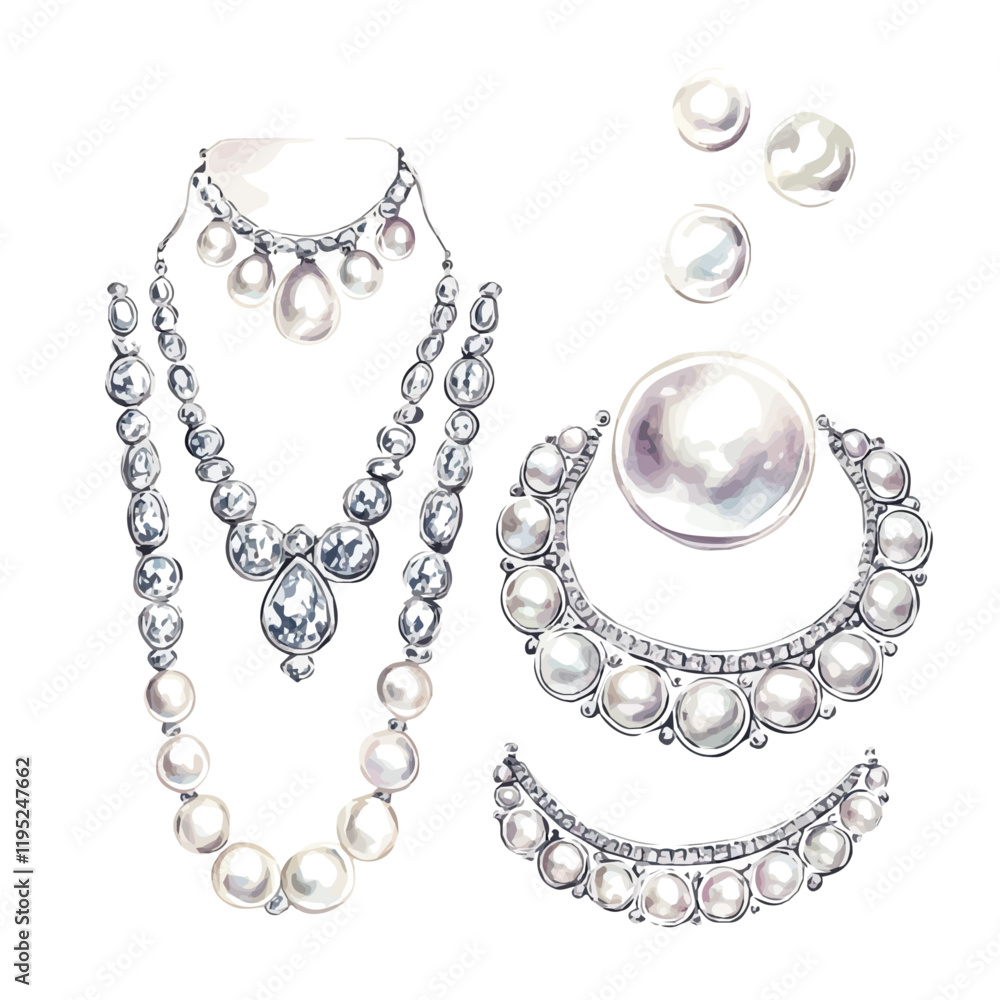 A watercolor drawing of an elegant silver and pearl jewelry set, isolated on a white background. Elegant silver and pearl jewelry set vector.
A watercolor drawing of an elegant silver and pearl jewelry set, isolated on a white background. Elegant silver and pearl jewelry set vector.