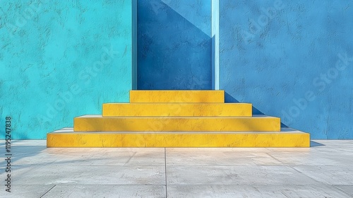 Yellow Steps Against Turquoise and Blue Walls: A minimalist, architectural image featuring a set of yellow concrete stairs positioned against a backdrop of turquoise and blue walls.