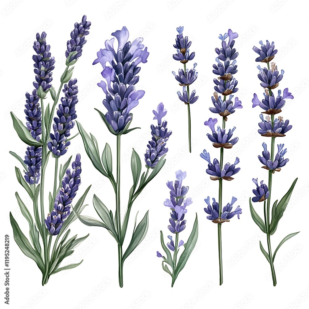 Naklejka premium Different Types of Lavender Botanical Illustration on White Background