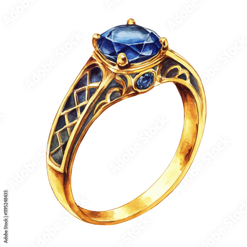 A watercolor of an elegant gold and sapphire ring, isolated on a white background. Elegant gold and sapphire ring vector.

