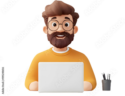 A man with a beard using a laptop, 3D render style, transparent background. Cut