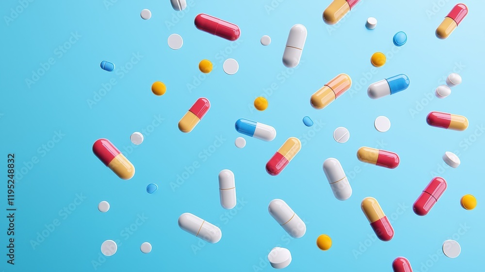 Falling Pills: A vibrant array of colorful pills and capsules cascade against a light blue background. Falling Pills: A vibrant array of colorful pills and capsules cascade against a light blue background.