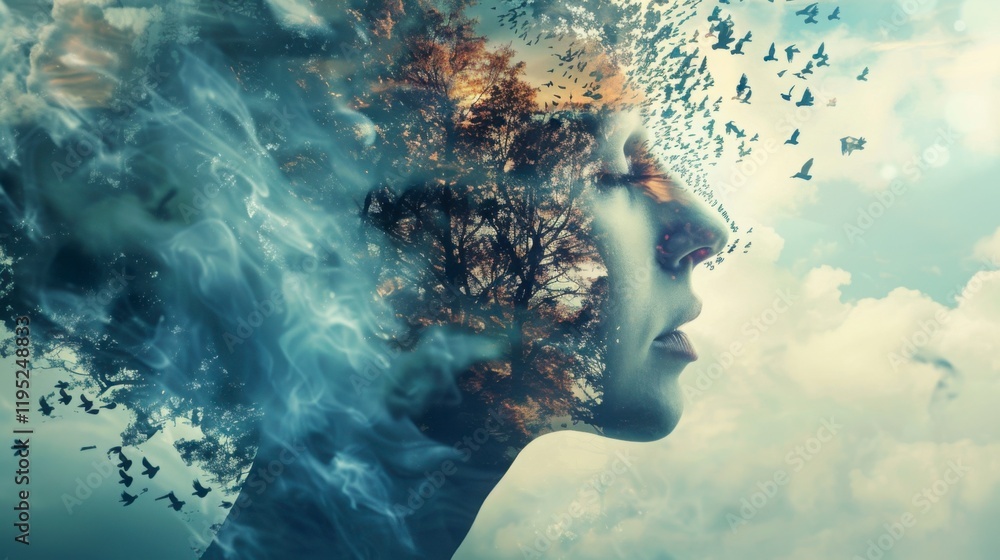Surreal Woman Profile with Birds and Smoke in Cloudy Sky