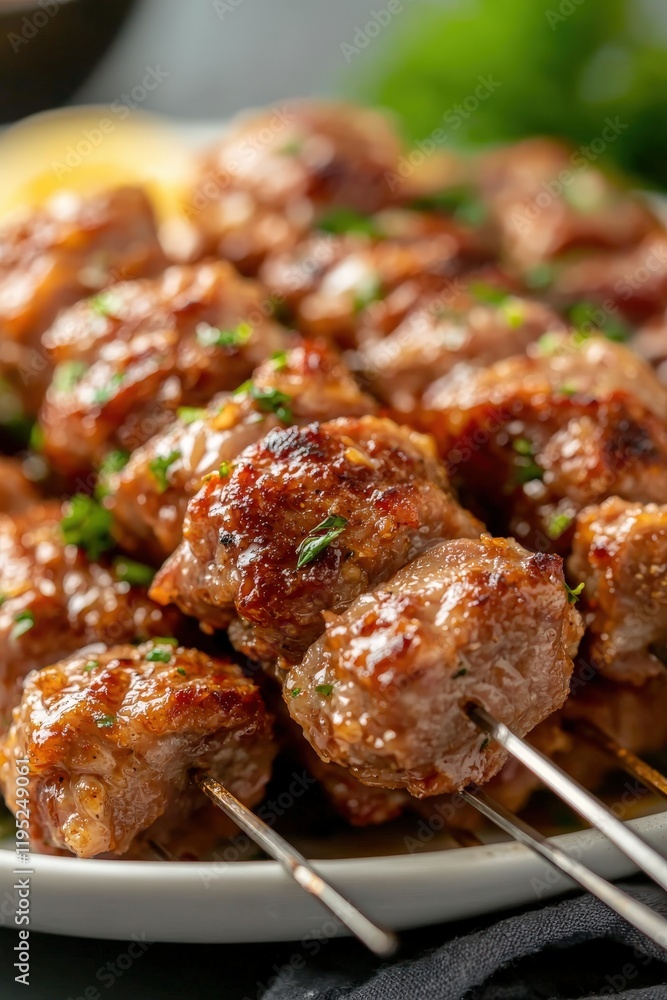 Grilled Pork Skewers Garnished with Fresh Herbs and Served on a Plate, Perfect for BBQ and Outdoor Dining, Featuring Juicy and Flavorful Meat Pieces Grilled Pork Skewers Garnished with Fresh Herbs and Served on a Plate, Perfect for BBQ and Outdoor Dining, Featuring Juicy and Flavorful Meat Pieces