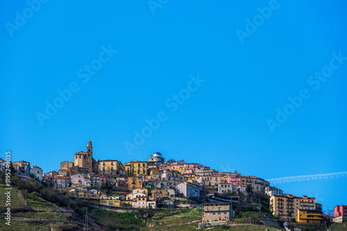 top view of the village of Grisolia with a cloudy sky in the background, Cosenza photo