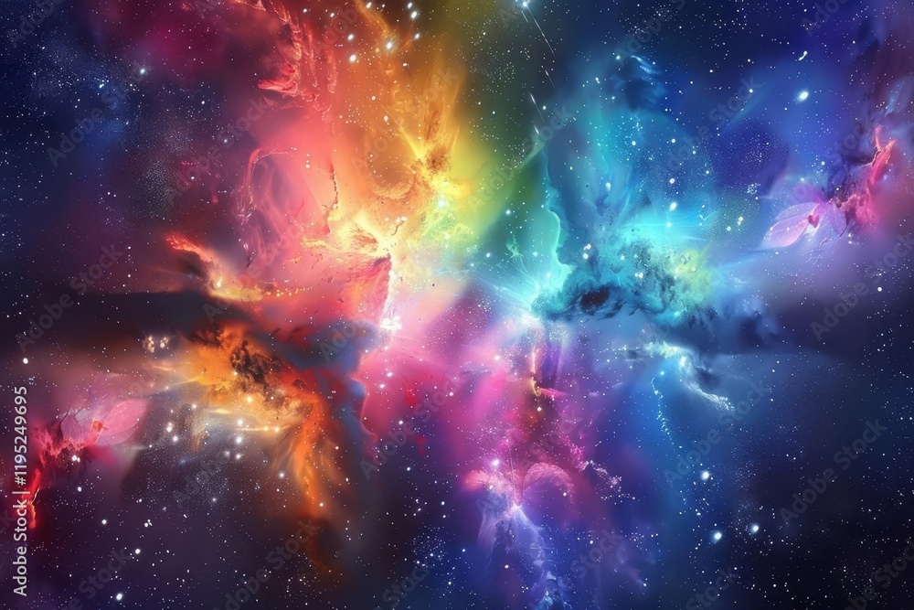 Naklejka premium A vibrant cosmic scene depicting colorful nebulae and stars in deep space.