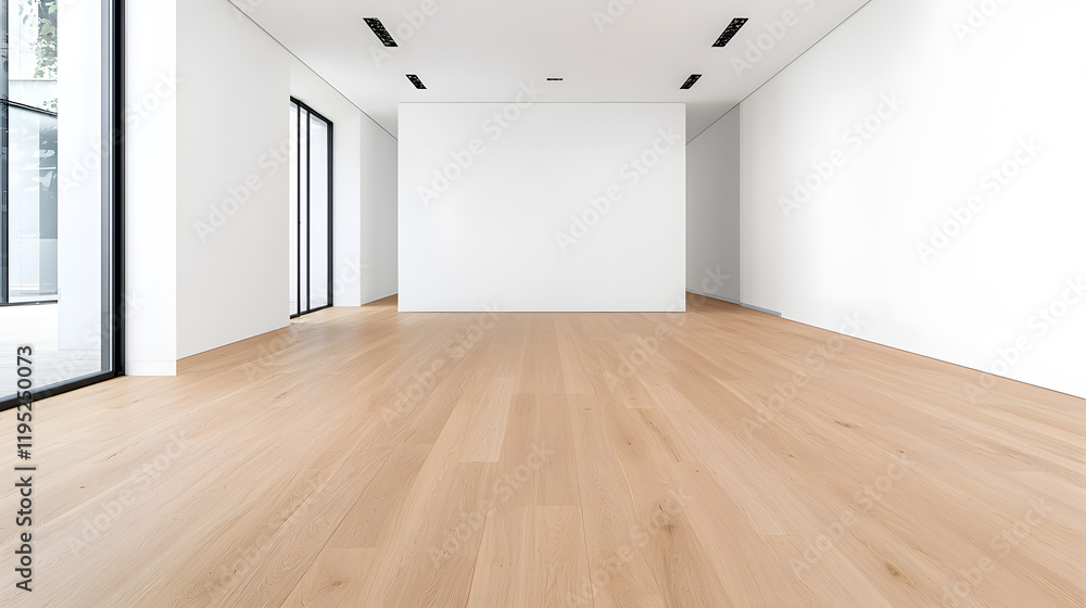 Fototapeta premium Empty modern interior room with an empty white wall and wooden floor mock up