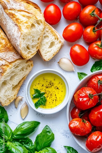 Fresh bruschetta ingredients, including bread, tomatoes, basil, garlic, and olive oil on a table. photo