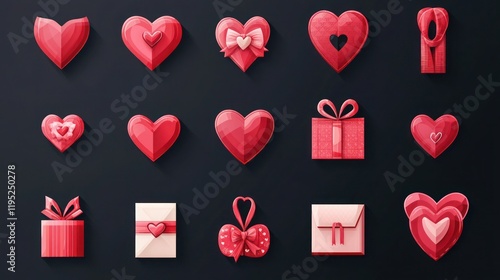Set of Valentineâ€™s Day vector icons, featuring love letters, heart symbols, and gift boxes in red and pink