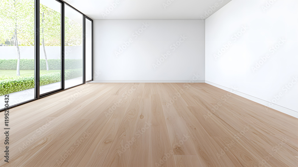 Fototapeta premium Empty modern interior room with an empty white wall and wooden floor mock up