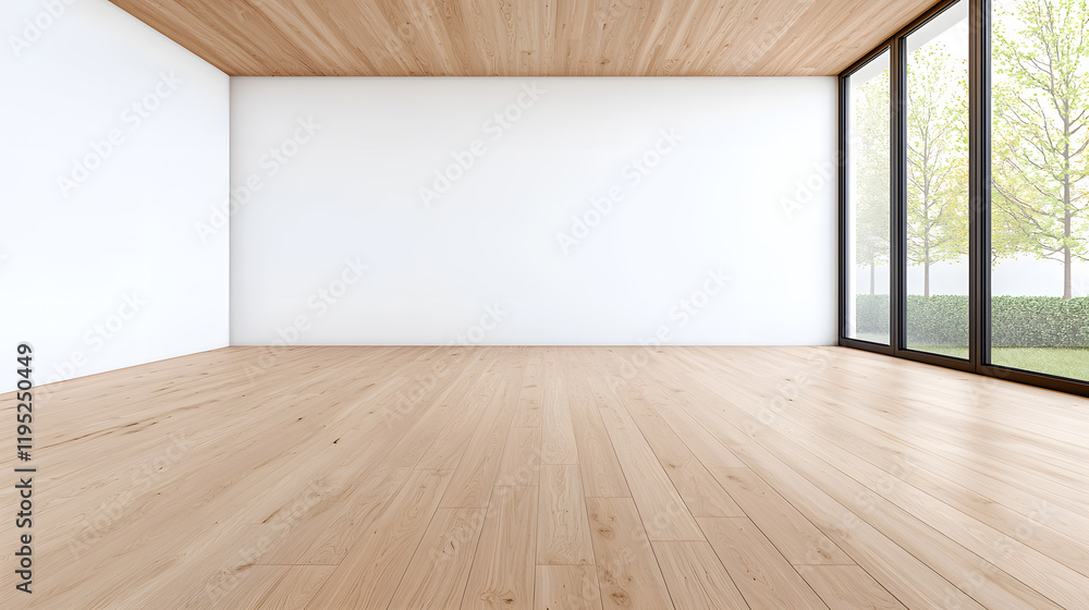 Empty modern interior room with an empty white wall and wooden floor mock up Empty modern interior room with an empty white wall and wooden floor mock up