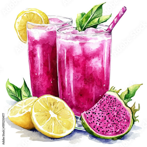 A watercolor of dragon fruit lemon juice, isolated on a white background. Dragon fruit lemon juice vector.
