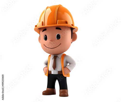 Engineer with yellow suit and helmet 3D render style, transparent background. Cut