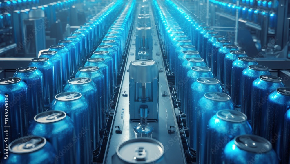 Obraz premium Assembly Line Efficiency: Rows of gleaming blue aluminum cans move in a synchronized dance down a gleaming conveyor belt.