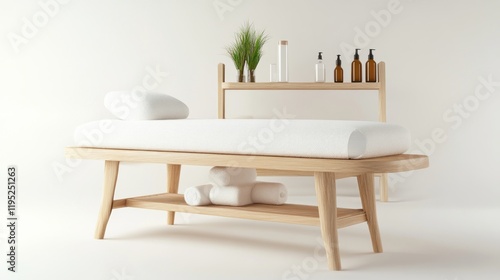 A modern massage room in light tones, with a comfortable wooden bed and accompanying cosmetics, in a minimalist style photo