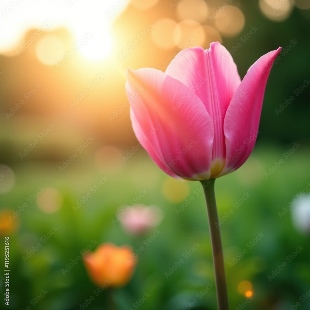 Warm sunset light shines on a delicate pink tulip, garden, warm glow Warm sunset light shines on a delicate pink tulip, garden, warm glow