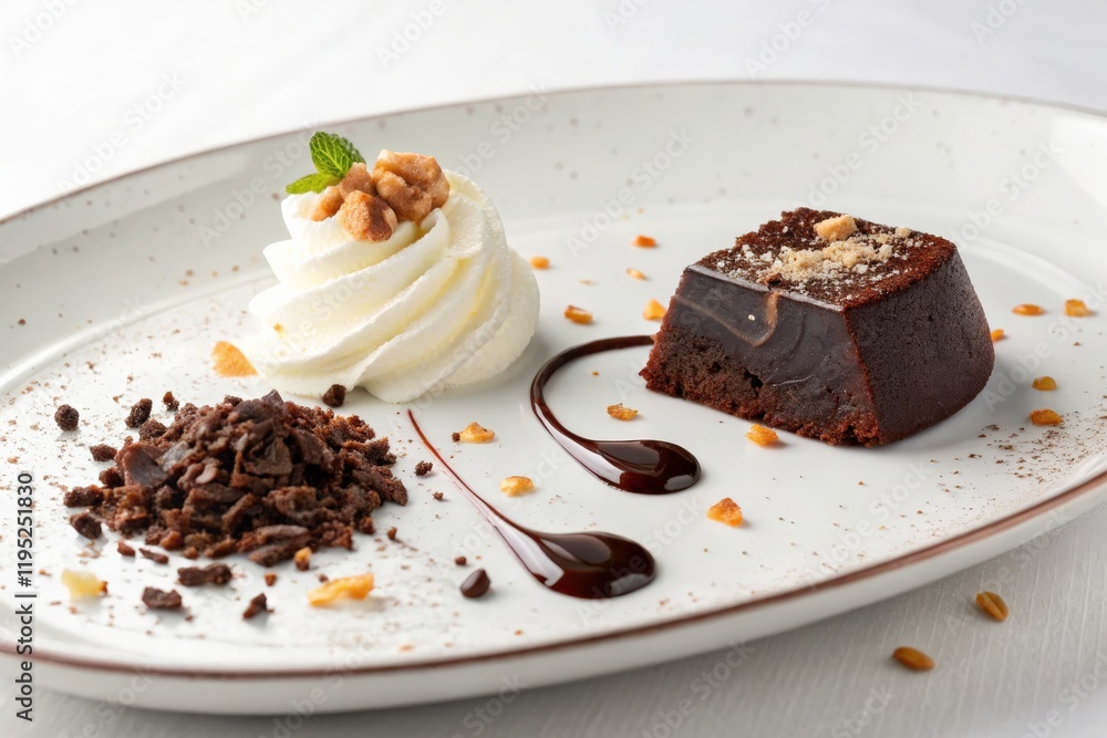 Decadent Chocolate Dessert Presentation with Whipped Cream, Chocolate Sauce, and Crunchy Toppings on Elegant Plate Decadent Chocolate Dessert Presentation with Whipped Cream, Chocolate Sauce, and Crunchy Toppings on Elegant Plate