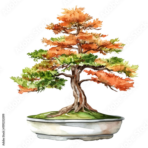 A watercolor of a dawn redwood bonsai, isolated on a white background. Dawn redwood bonsai vector.
