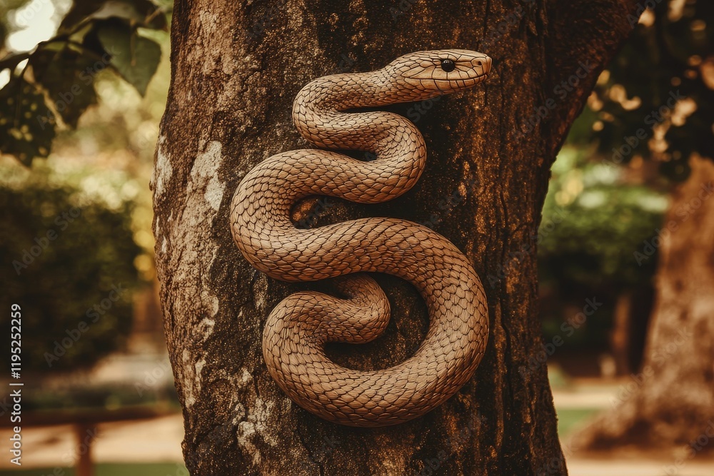 Brown snake coiled around tree trunk outdoors. Brown snake coiled around tree trunk outdoors.