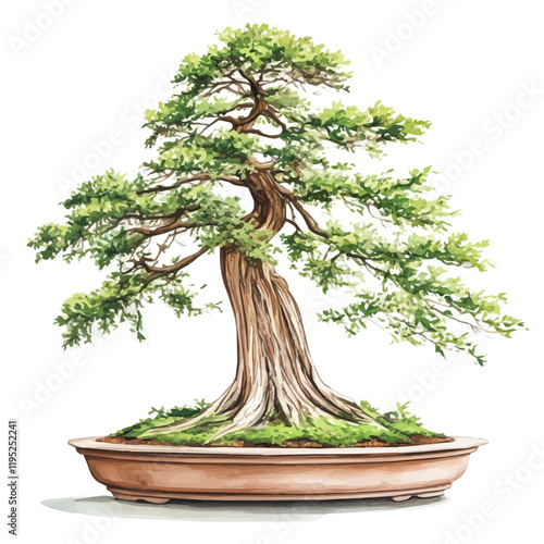 A watercolor vector of a dawn redwood bonsai, isolated on a white background. Dawn redwood bonsai vector.
