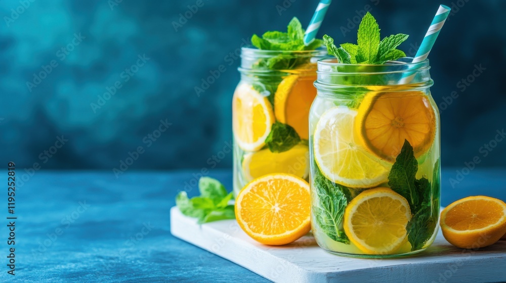 Fototapeta premium Orange lemon smoothie jars. Generative AI
