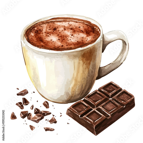 A watercolor of dark chocolate hot chocolate, isolated on a white background. Dark chocolate hot chocolate vector.
