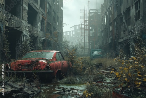 Post apocalyptic city abandoned cars ruins decay overgrown nature grunge desolate dystopian environment urban wasteland forgotten world concept