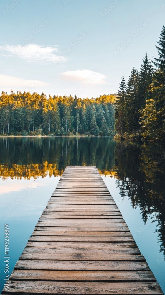 Wooden pier extending into a serene lake surrounded by lush pine trees in a tranquil natural setting Wooden pier extending into a serene lake surrounded by lush pine trees in a tranquil natural setting