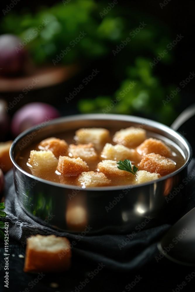 Small Chicken Soup with Croutons Served in a Bowl Surrounded by Fresh Herbs and Vegetables for a Cozy Culinary Experience Small Chicken Soup with Croutons Served in a Bowl Surrounded by Fresh Herbs and Vegetables for a Cozy Culinary Experience