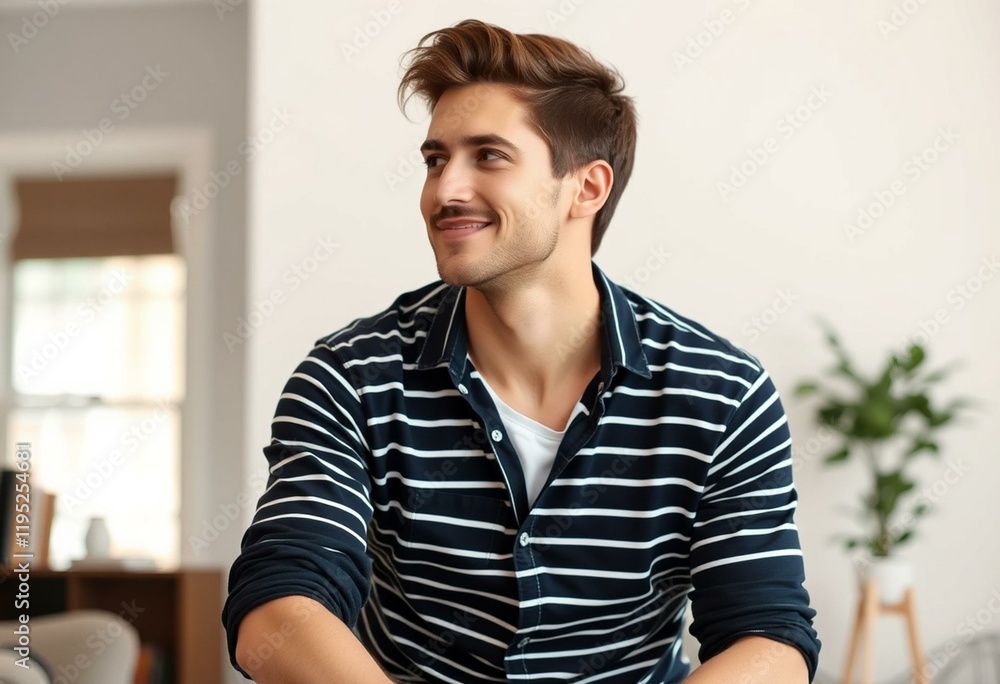 Fototapeta premium Portrait of a young male hipster with a thoughtful expression and subtle smile.