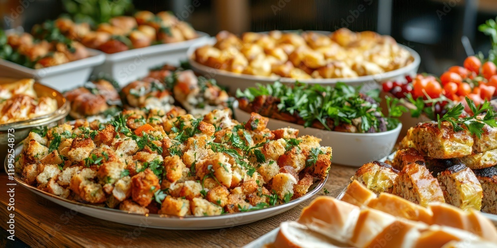 Thanksgiving stuffing on a serving platter, garnished with parsley and displayed alongside other holiday dishes Thanksgiving stuffing on a serving platter, garnished with parsley and displayed alongside other holiday dishes