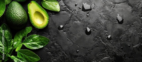 Avocado and Basil: A vibrant composition featuring a halved avocado and whole avocado with fresh basil leaves scattered around on a dark, textured surface. photo